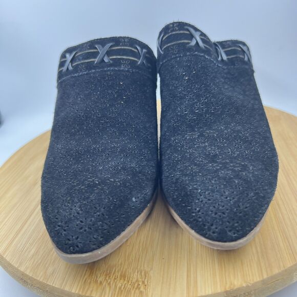 Frye & Co. Suede Leather Perforated Mule Jacy Black Sz 9M Floral Block Heel Shoe - Picture 2 of 11